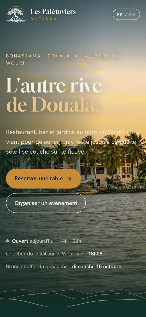 Page d’accueil du site Les Palétuviers Matanda, version mobile